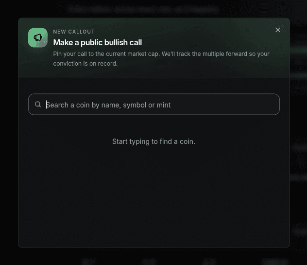 Pump.fun New callout modal with the Search a coin by name, symbol or mint field
